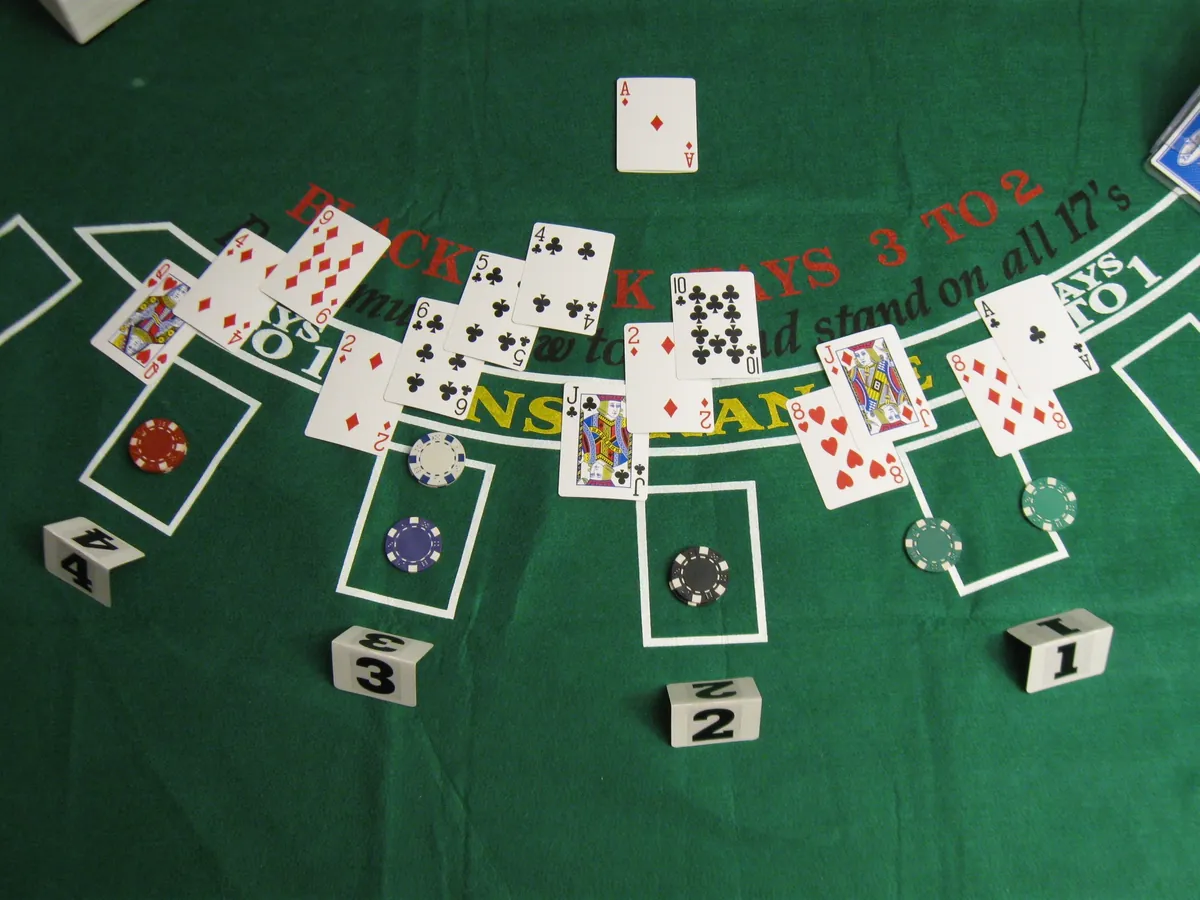 Blackjack layout with the dealer's cards face up