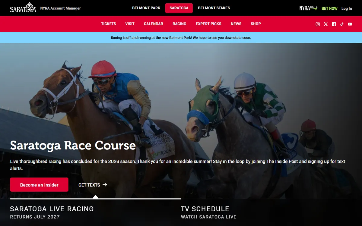 Saratoga Race Course website screenshot