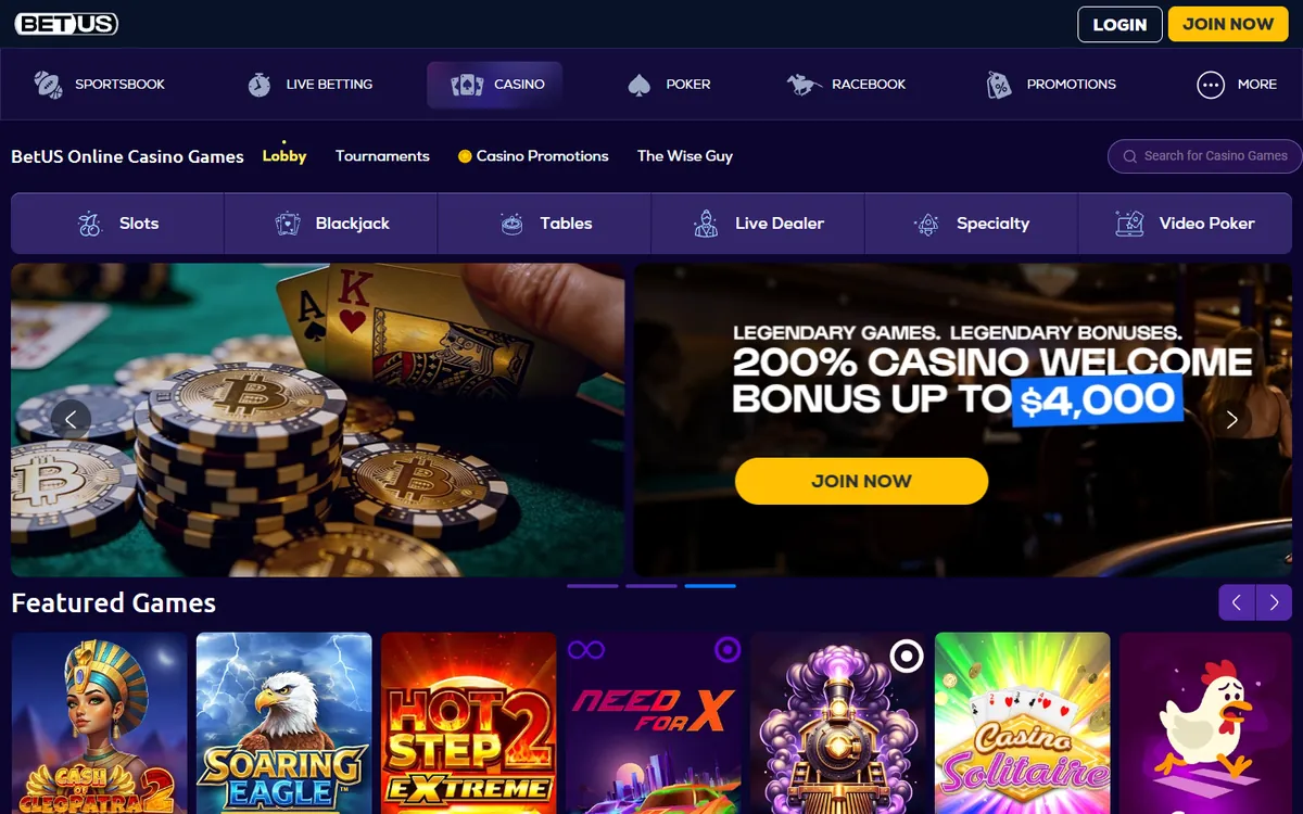 BetUS casino lobby screenshot