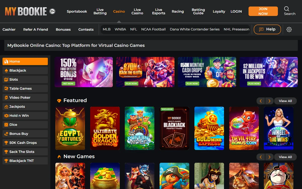 MyBookie casino lobby screenshot