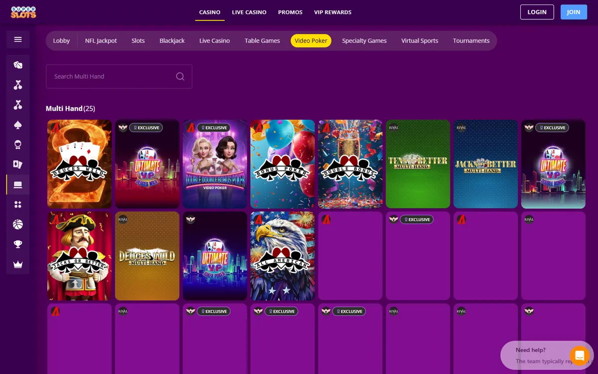 Super Slots video poker lobby screenshot