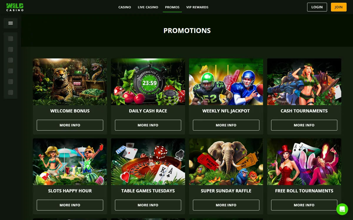 Wild Casino promotions page screenshot