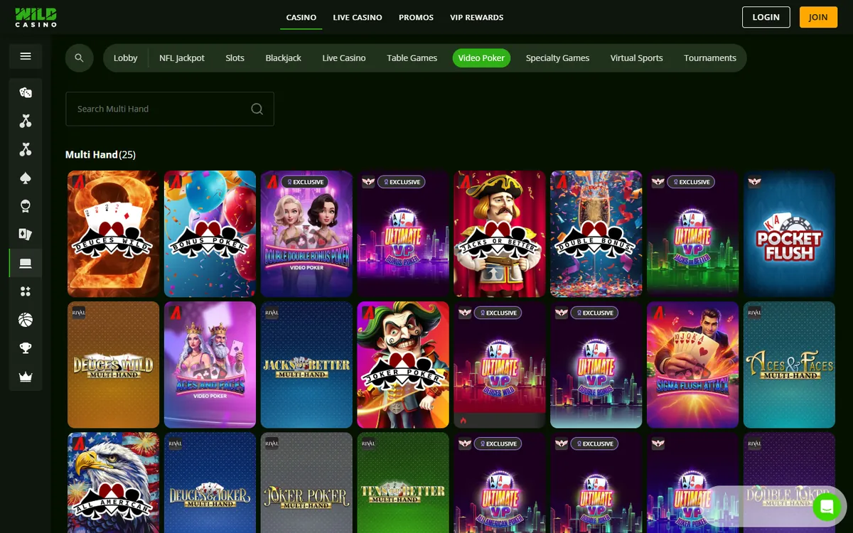 Wild Casino video poker lobby screenshot