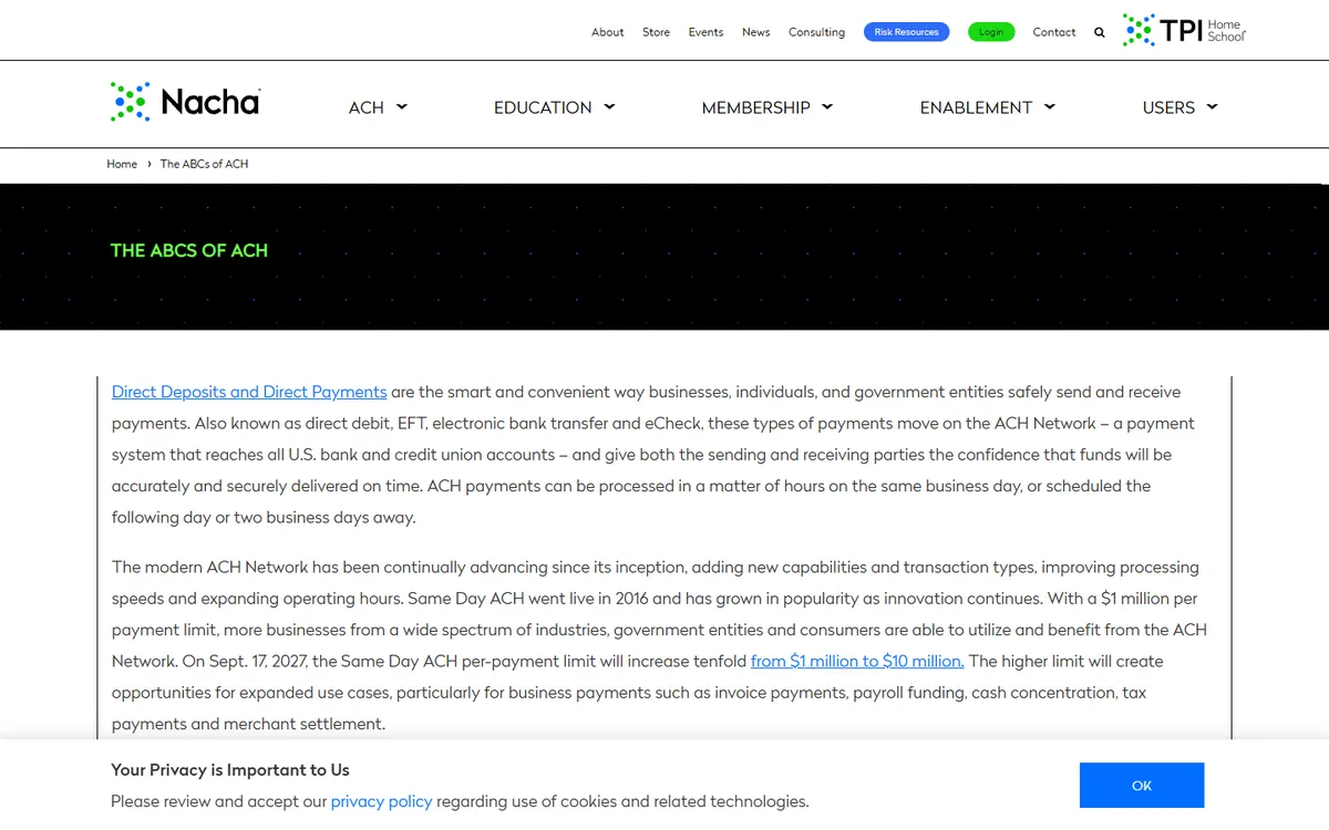 ACH at Nacha website screenshot
