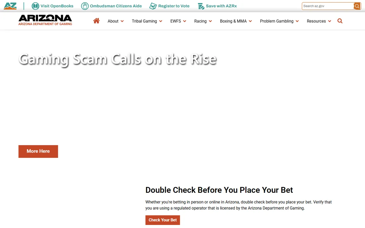 The Arizona gaming regulator website screenshot