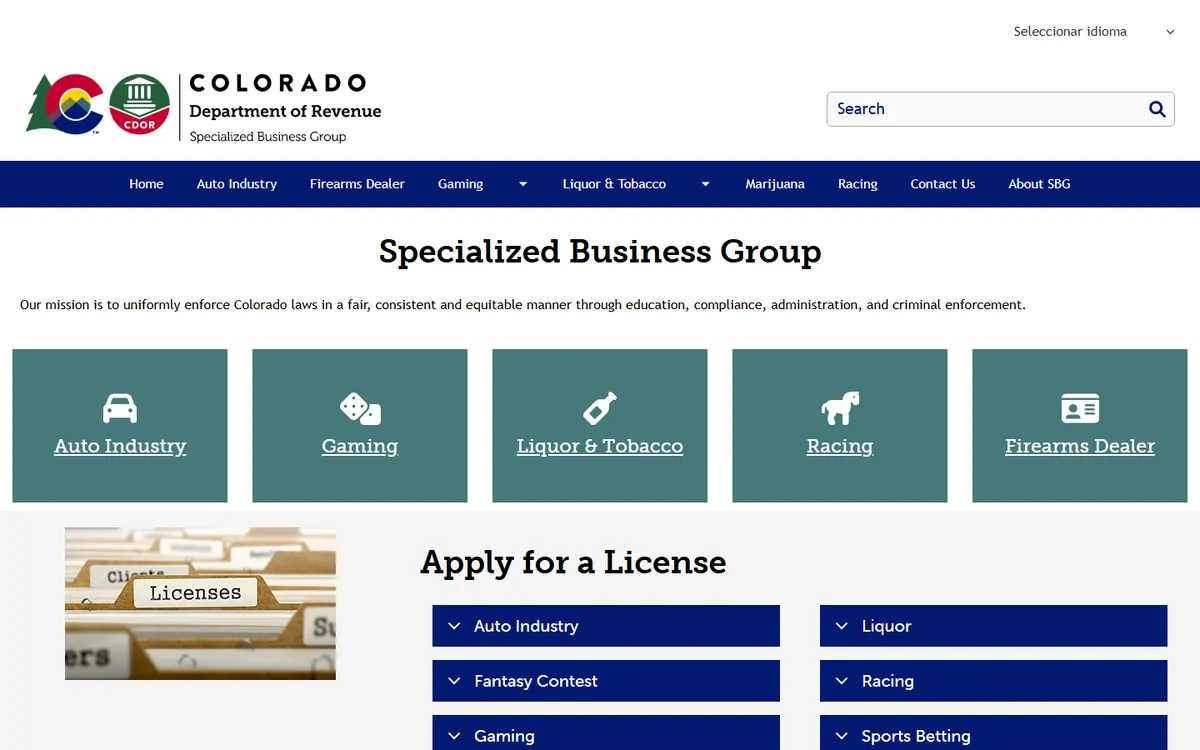 The Colorado gaming regulator website screenshot