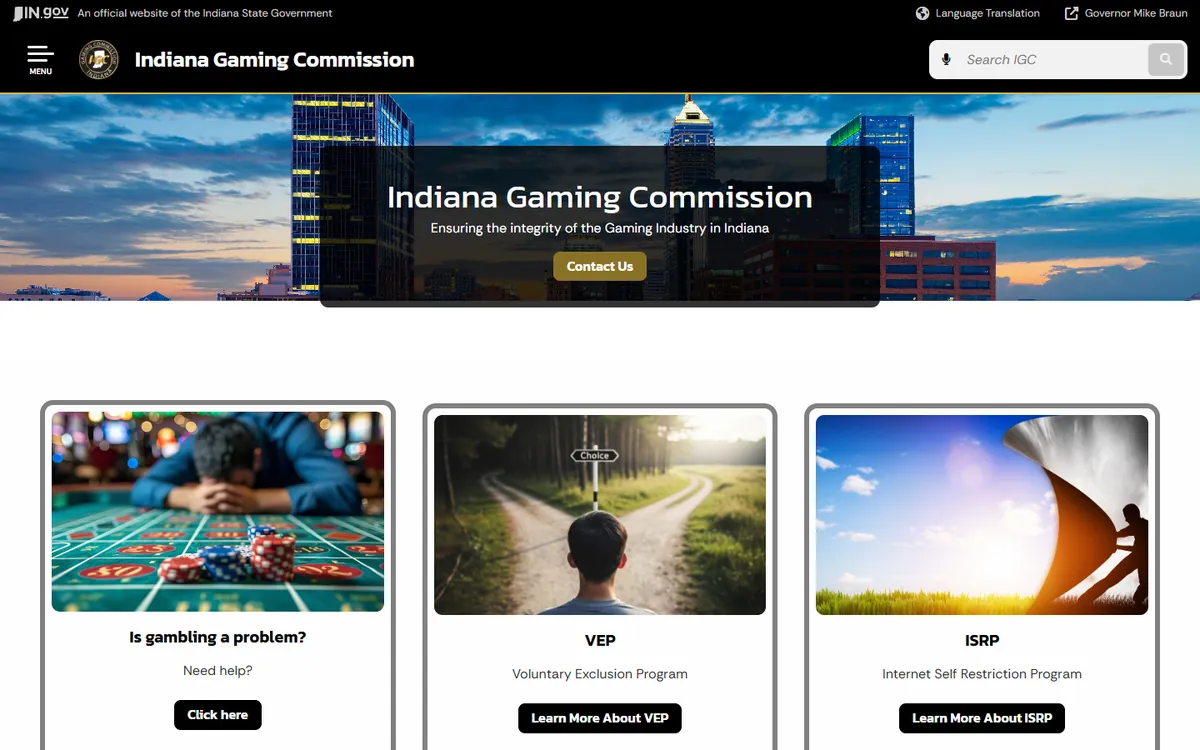 The Indiana gaming regulator website screenshot