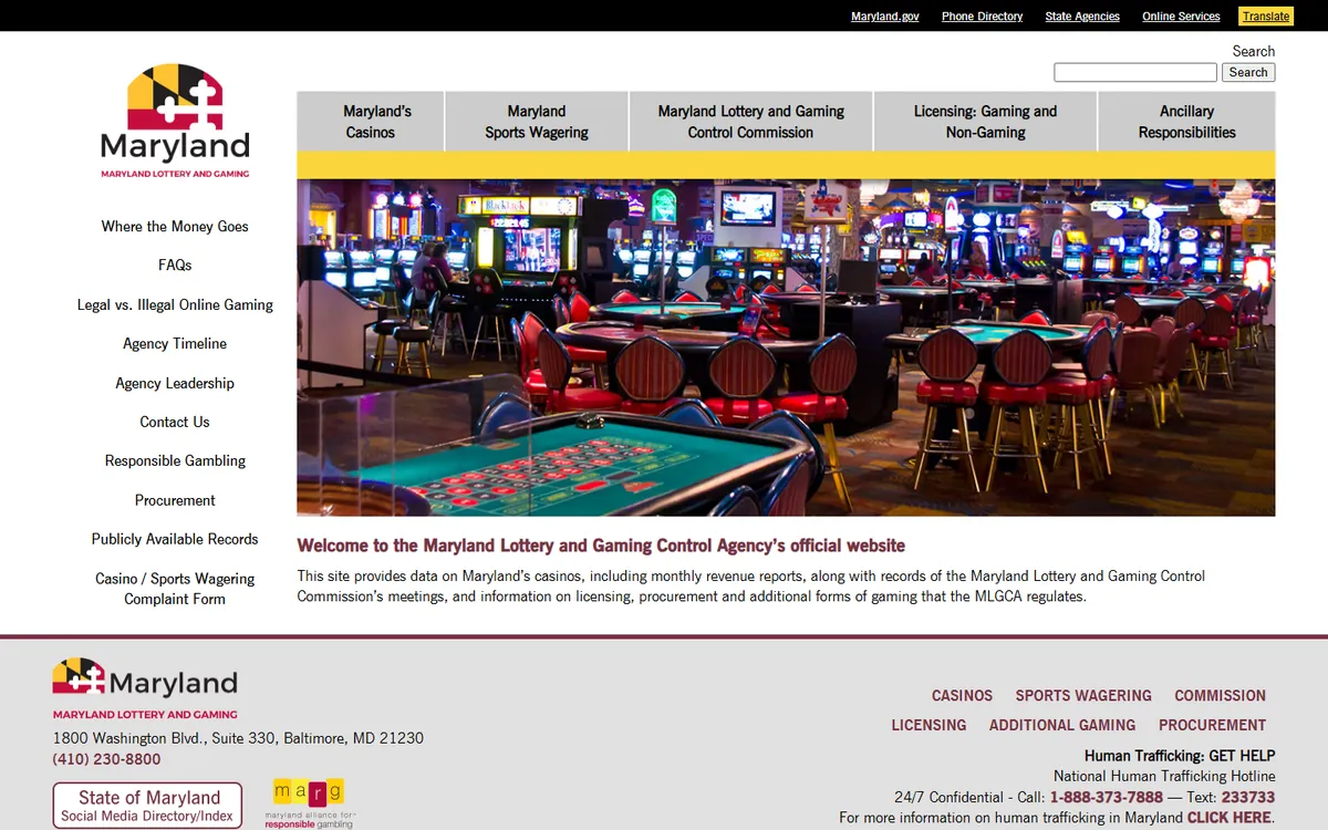 The Maryland gaming regulator website screenshot