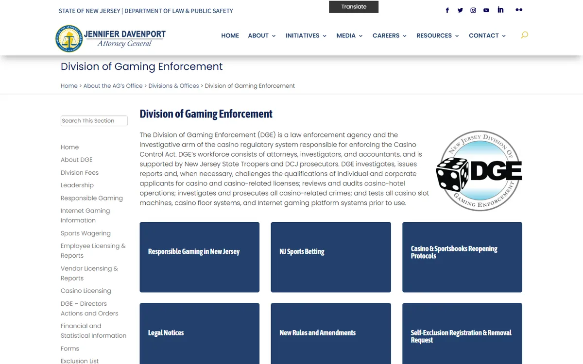 The New Jersey gaming regulator website screenshot