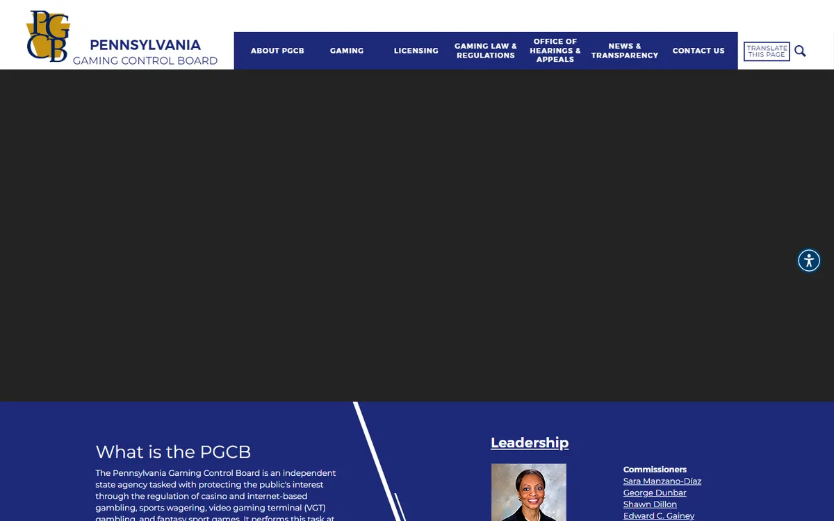 The Pennsylvania gaming regulator website screenshot