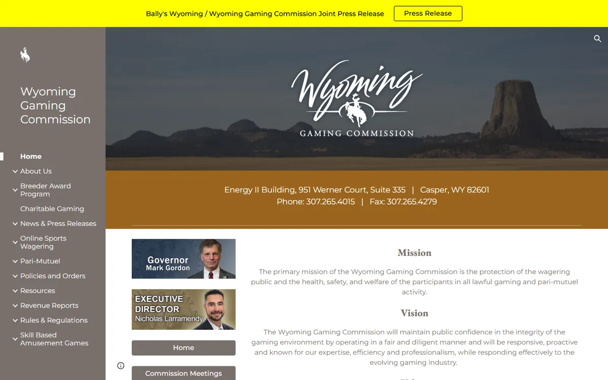 The Wyoming gaming regulator website screenshot