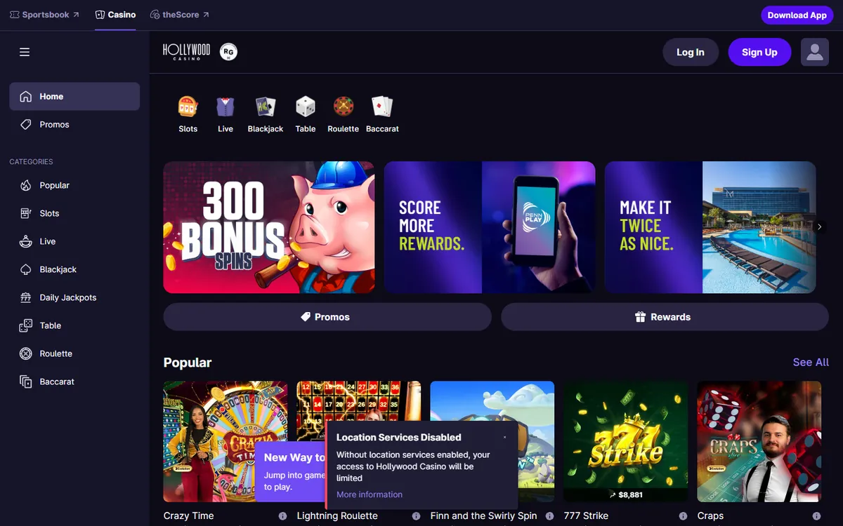 Hollywood Casino website screenshot