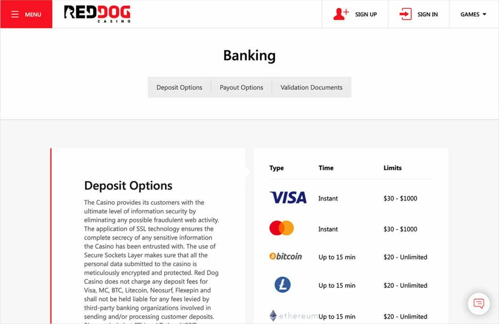 Red dog casino banking screenshot